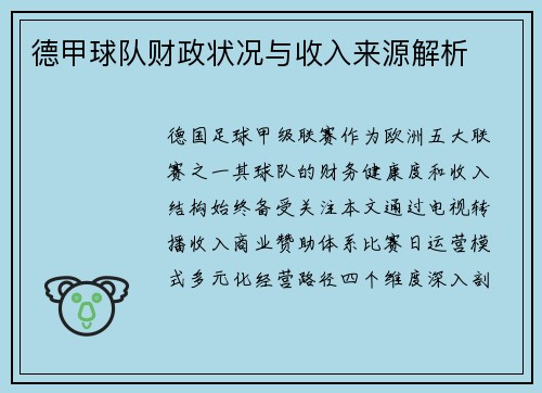 德甲球队财政状况与收入来源解析